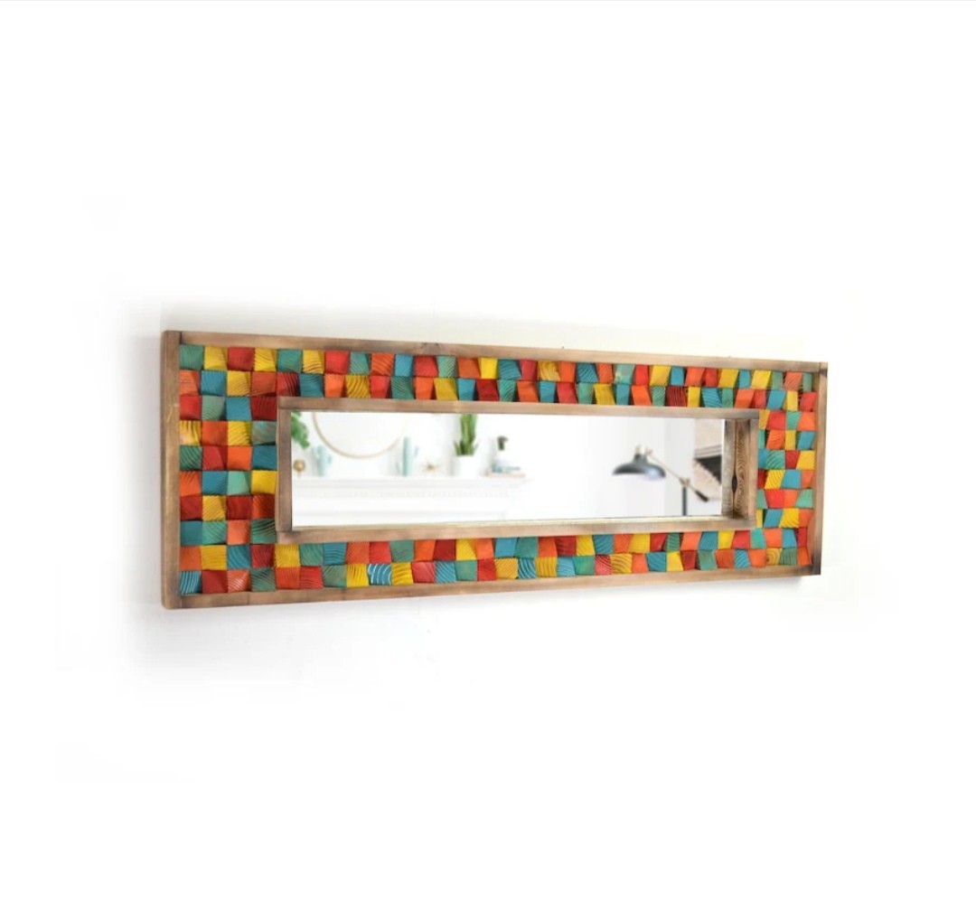 Geometrically Wooden Frame mosic Mirror,Tall Mirrror,Antique WooMirror 48″X36″
