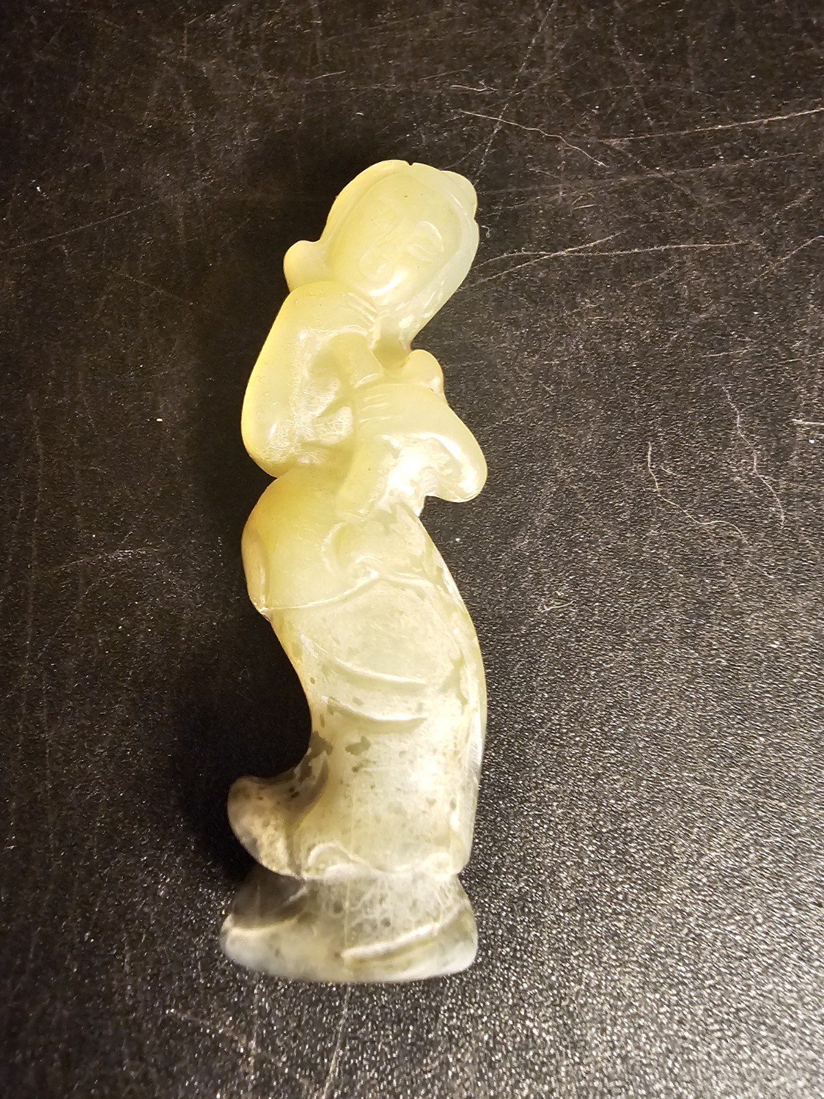 Old Natural Jade Chinese Carving Statue, Woman Holding A Pipe