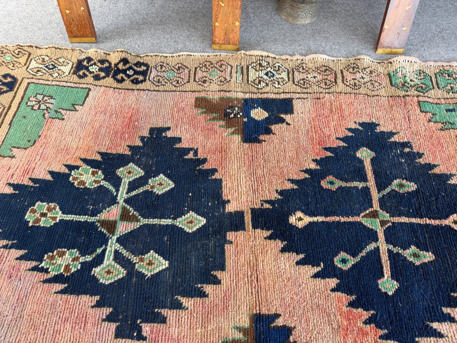 Vintage Turkish Oushak Rug 3×5 Ft, Handmade Anatolian Wool Rug Blue Boho Accent