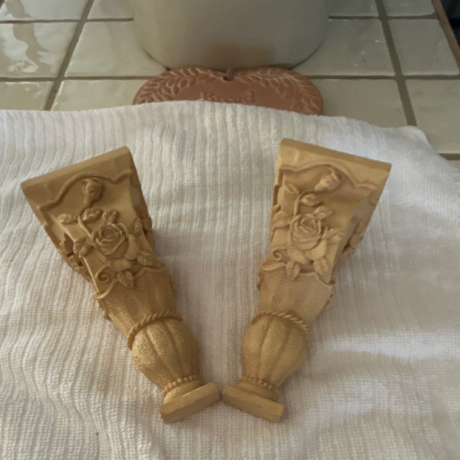 Pair vintageCarved Beige Decorative Corbels/Brackets with Floral Relief Design