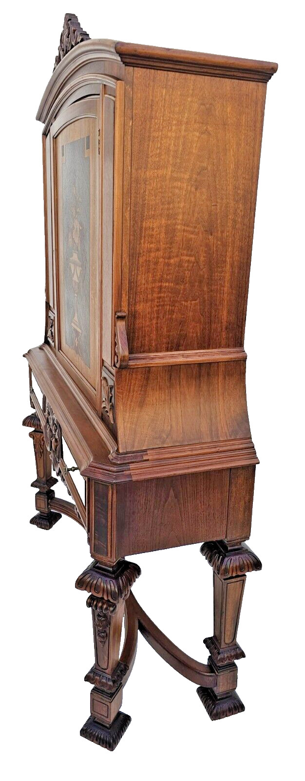 Antique 1920s Rockford Carved Walnut w/ Marquetry Bar or China Cabinet Hutch
