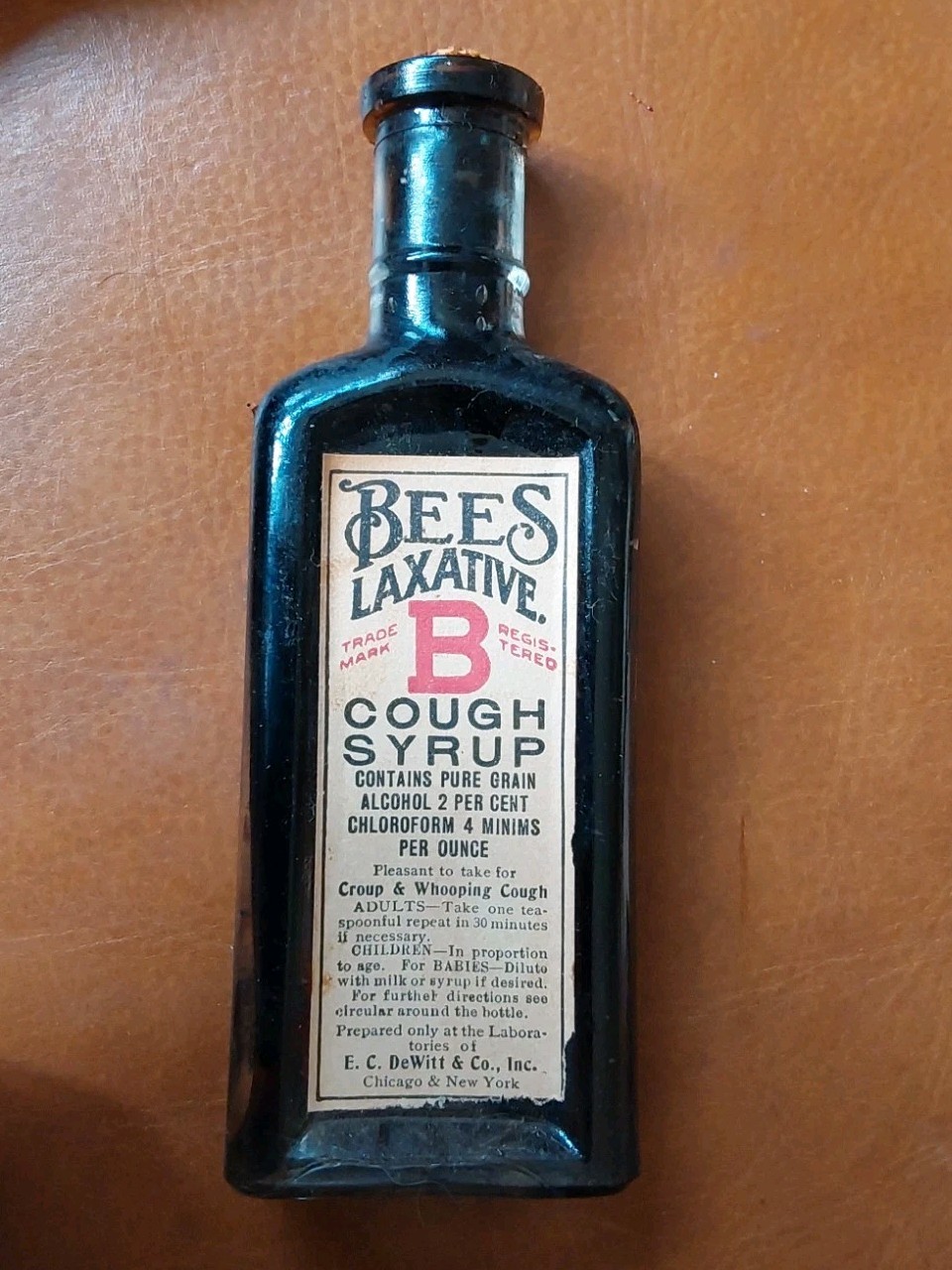 Antique DeWitt Bees Laxative Cough Syrup Bottle Unused w/ Box Insert c.1900-1915