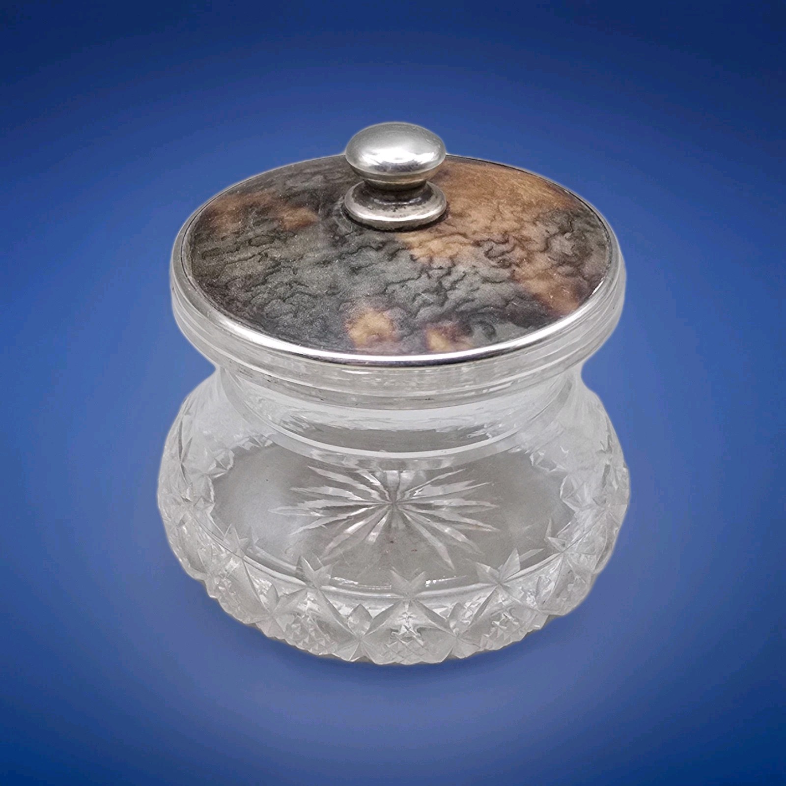 Antique Dressing Table Jar Cut Glass Silver Faux Tortoiseshell Lid GWL & Co 1922