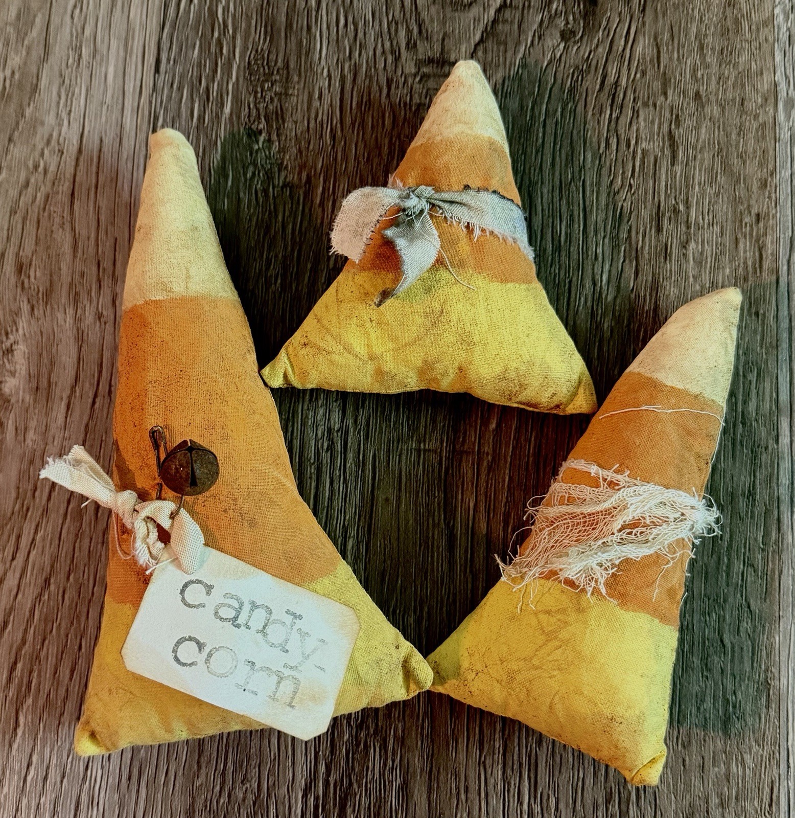 3 Primitive Halloween Candy Corn Decor Handmade Bowl Filler Rustic Coffee Stain