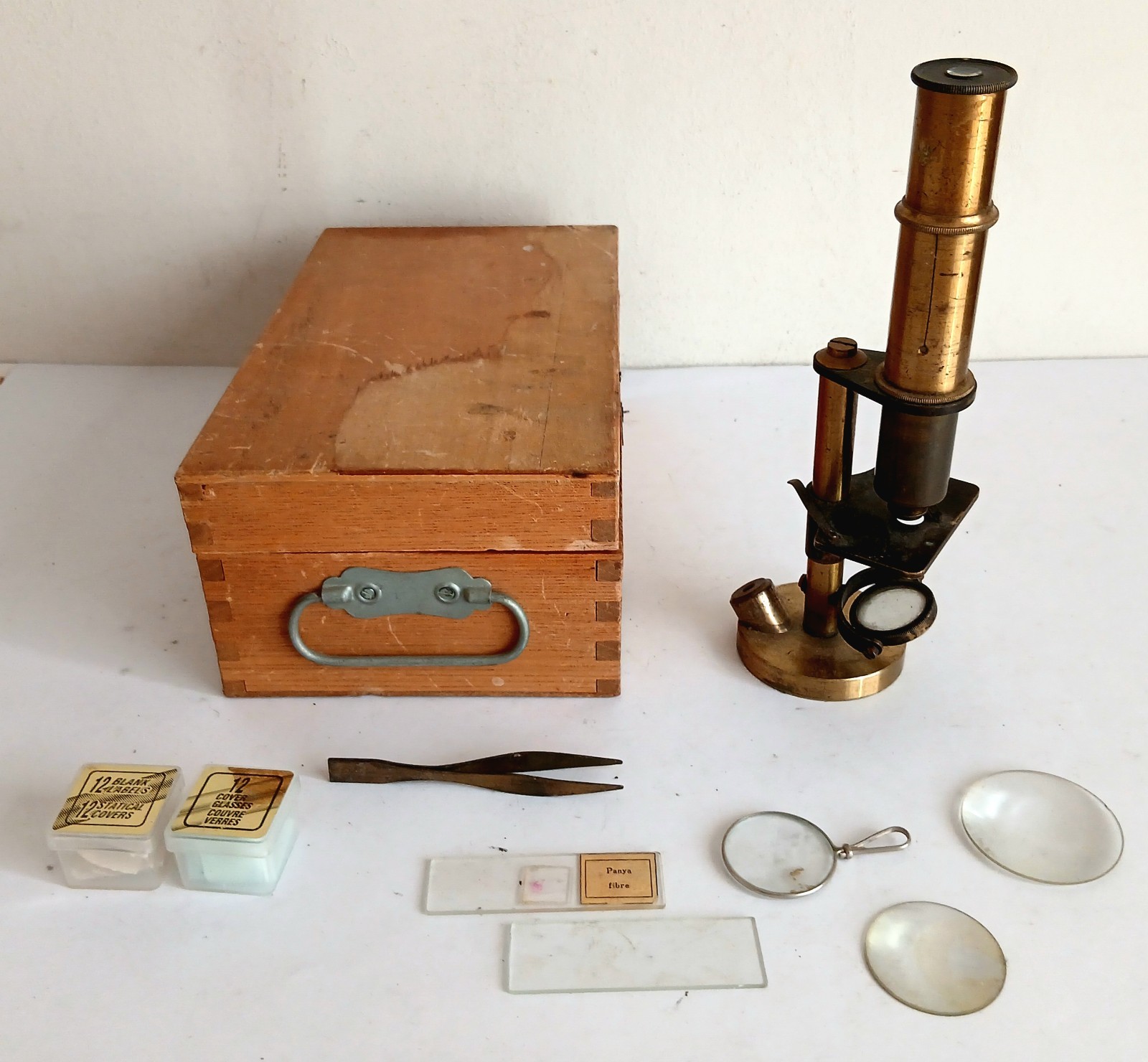 Antique Brass Field Monocular Microscope in Wooden Case. Vintage Field Microscop