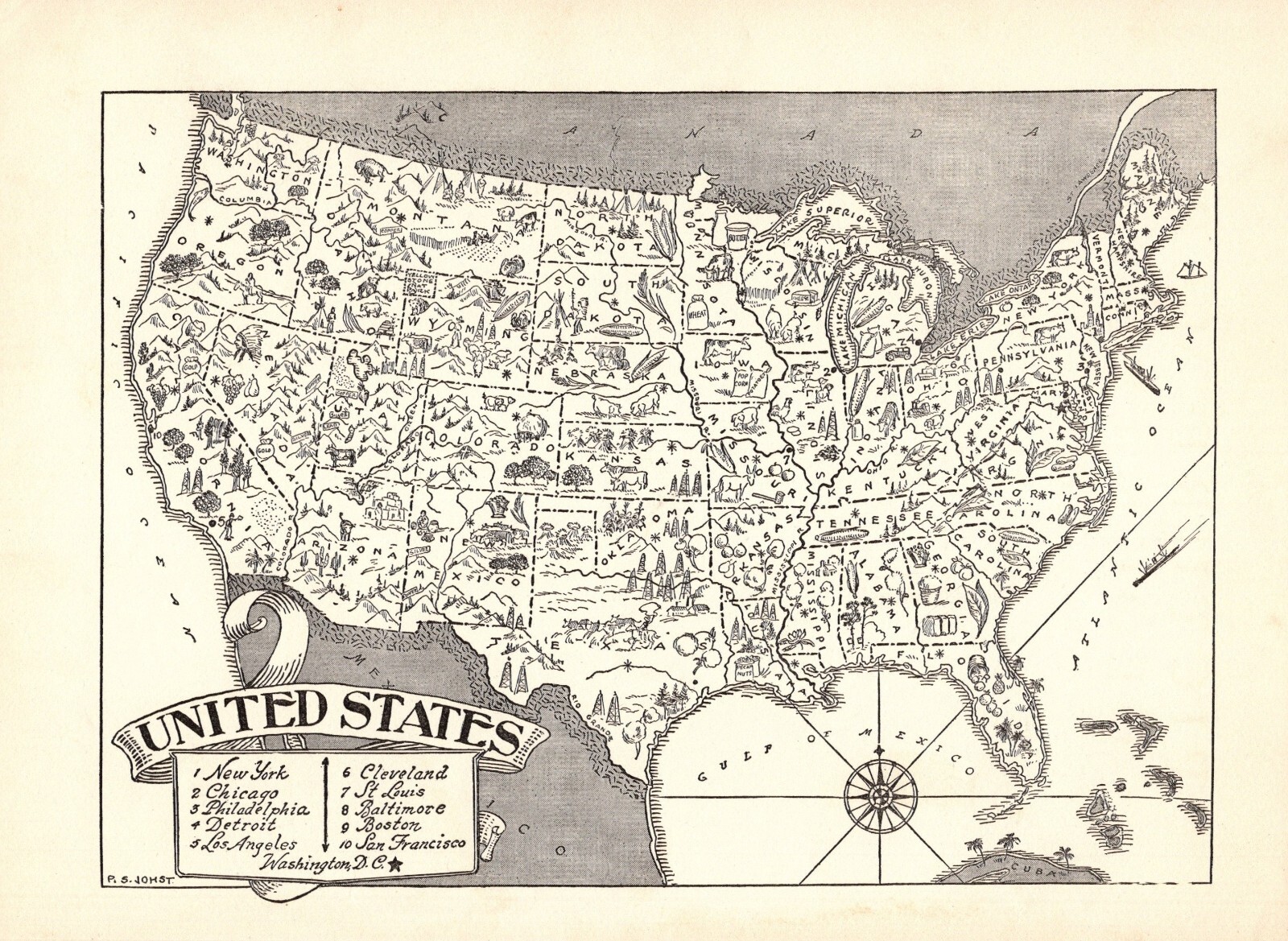 1950s Vintage United States Map Animated United States Picture Map BW 2347