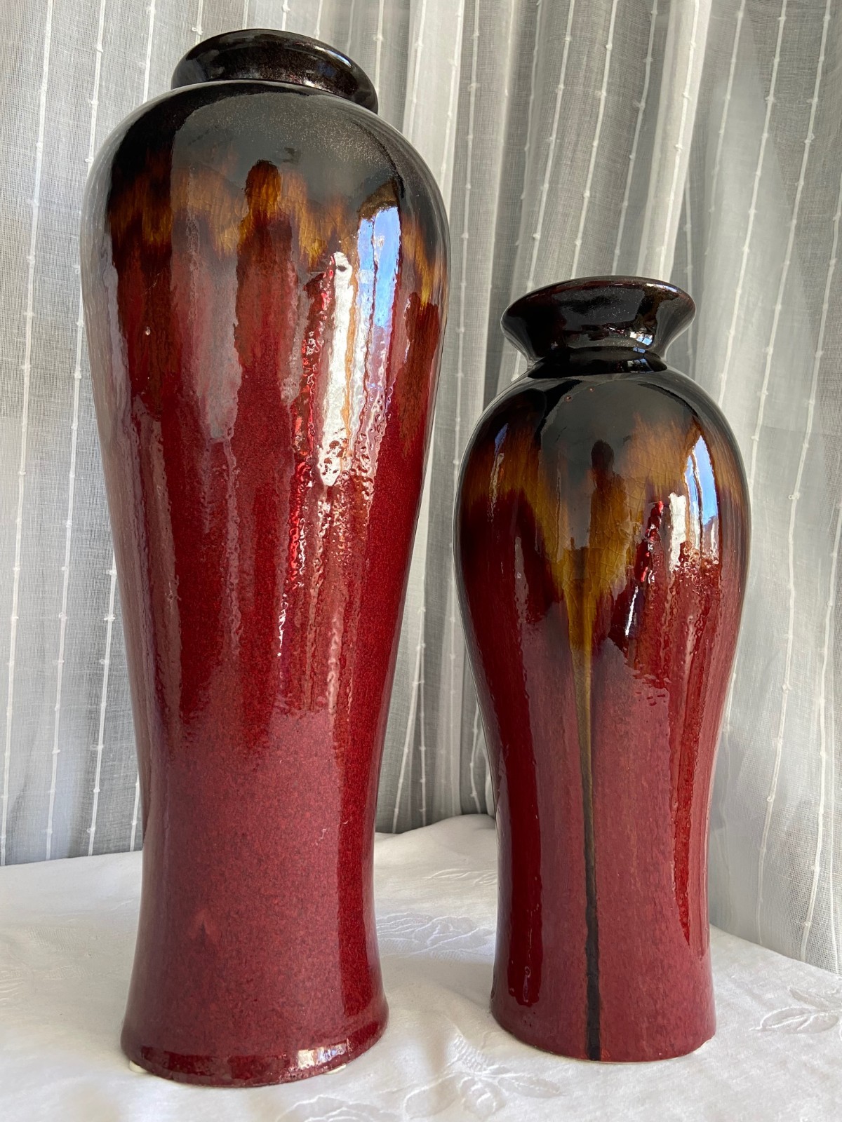 Set 2 – Chinese 14 & 11 in Tall Flambé Pottery Vases – Burgundy/ Deep Red/Amber