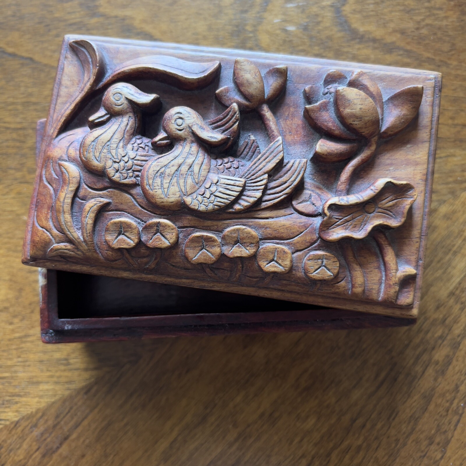 Vtg Chinese Artist Carved Camphor Wood Box Deep Birds Flowers Small Folk Art Box