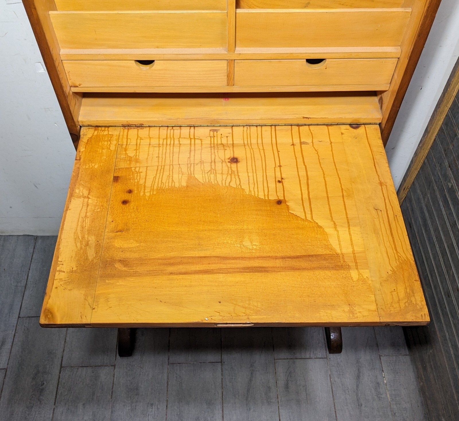 Vintage/Antique Rustic Drop Front Solid Wood Secretary/Writing Desk w/ Bookshelf