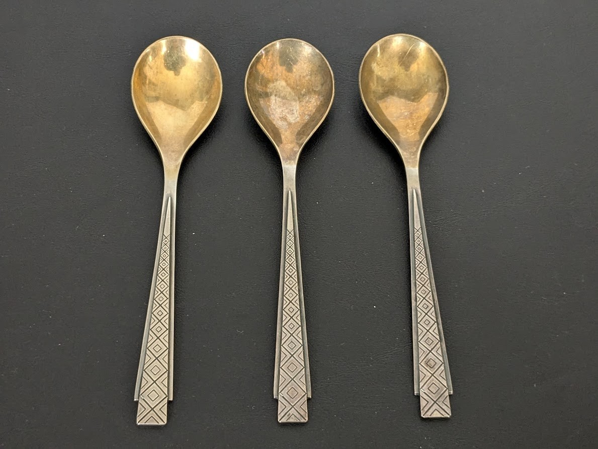 Russian USSR Sterling Silver 875 w/gold 3 Serving Soup Spoons, 6-5/8″, 4.1 oz