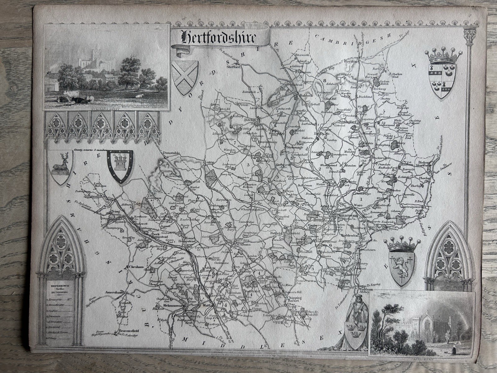 1838 Hertfordshire Original Antique Ornate Map by Thomas Moule