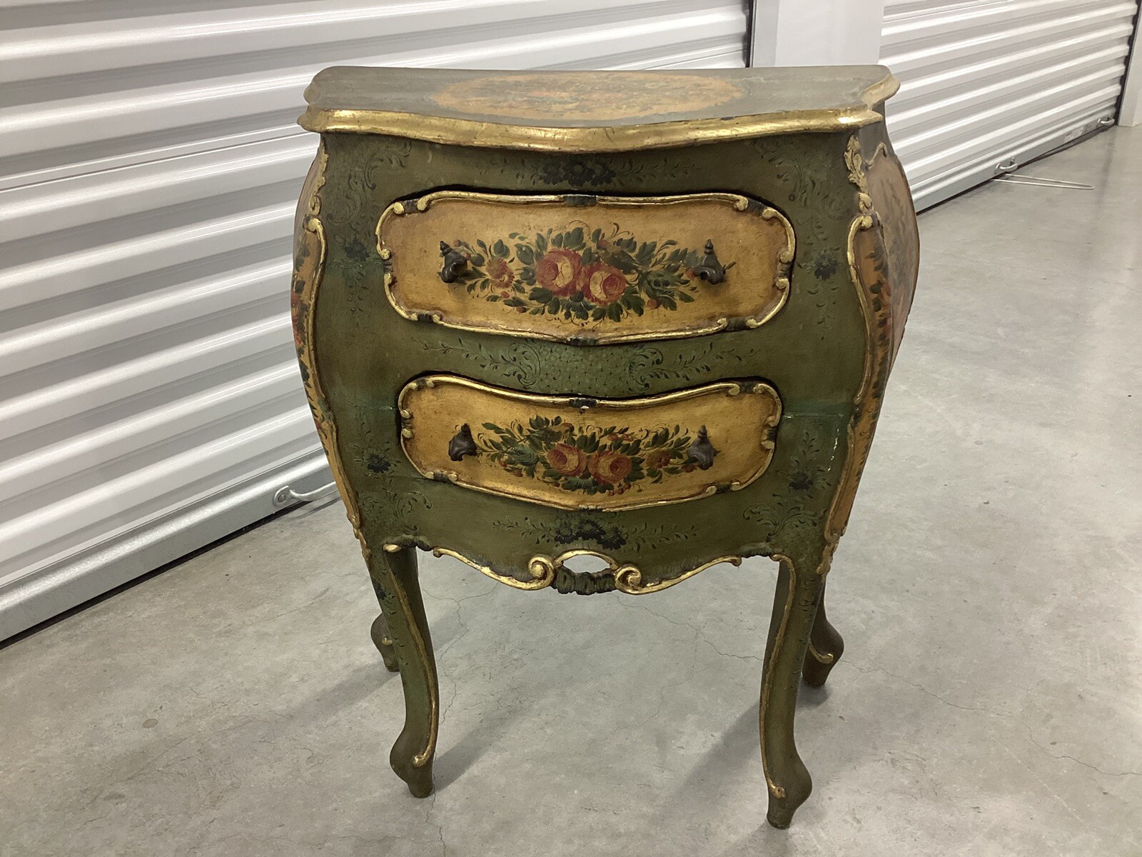 Antique Italian Hand Painted Floral and Gilt Bombe Two-Drawer Commode