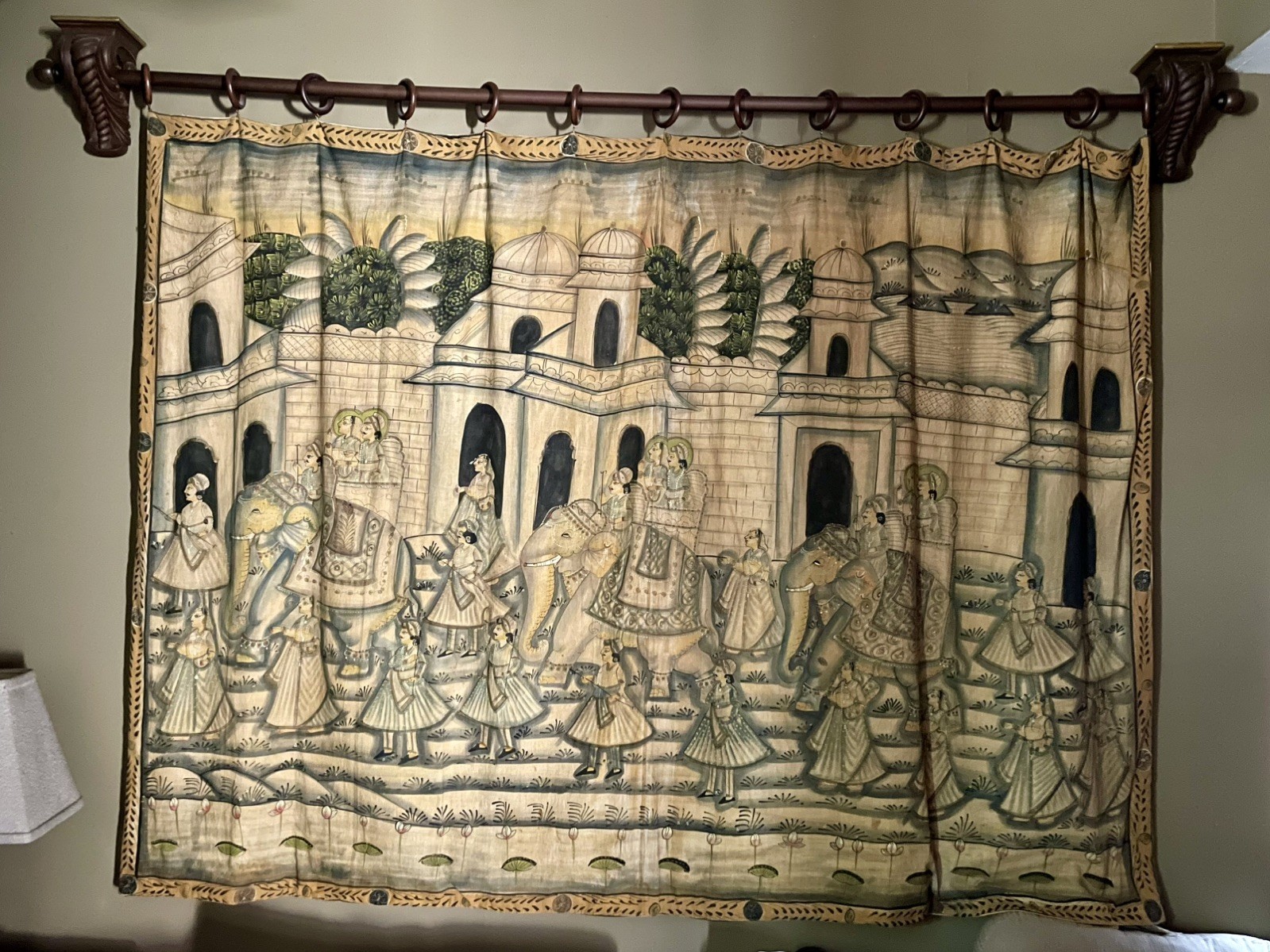 India Mughal Rajput Silk Curtain Style Wall Hanging On Mahogany Wood Rings