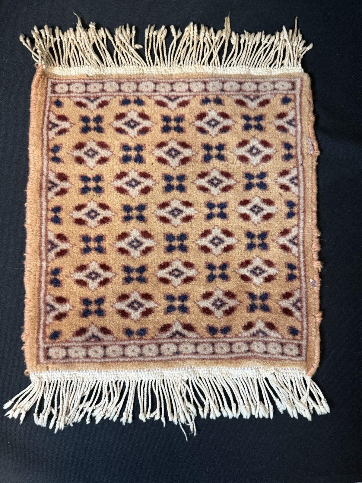 Vintage Hand Knotted Miniature Middle East Wool Rug Tan Burgundy 11.25 x 16 “