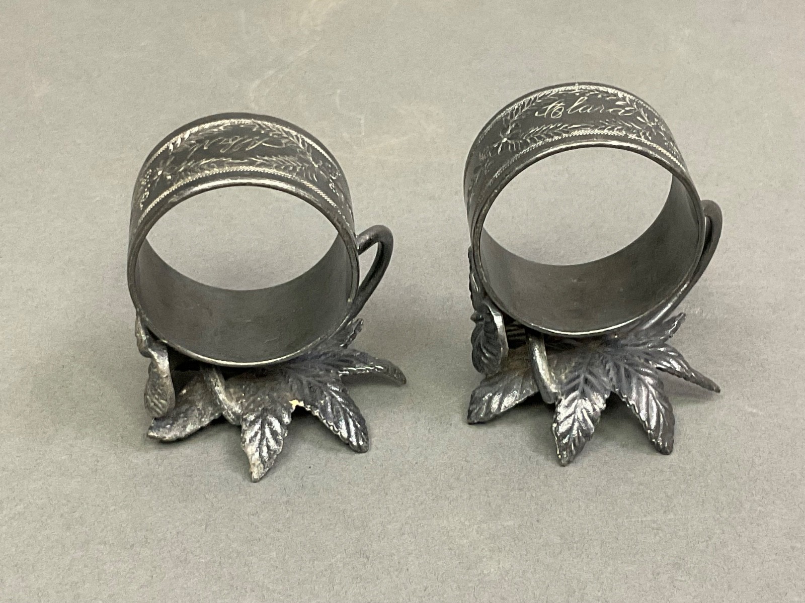Pair ANTIQUE NAPKIN RING HOLDERS Figural Flower Silver Plated Monogrammed