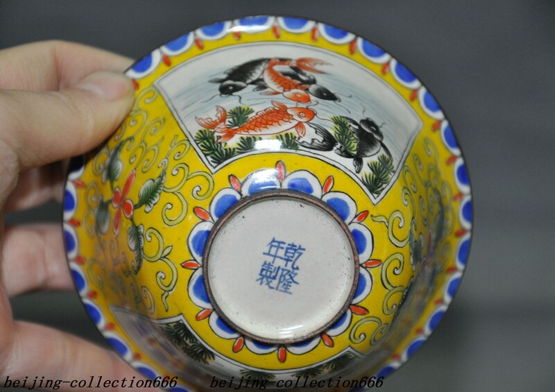 3.6″ Chinese bronze Cloisonne lucky animal fish goldfish text Tea cup Bowl Bowls