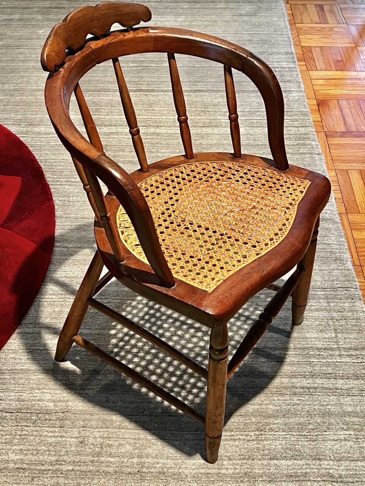 Antique Primitive Bow Back Spindle Back Cane Seat Windsor Accent Chair