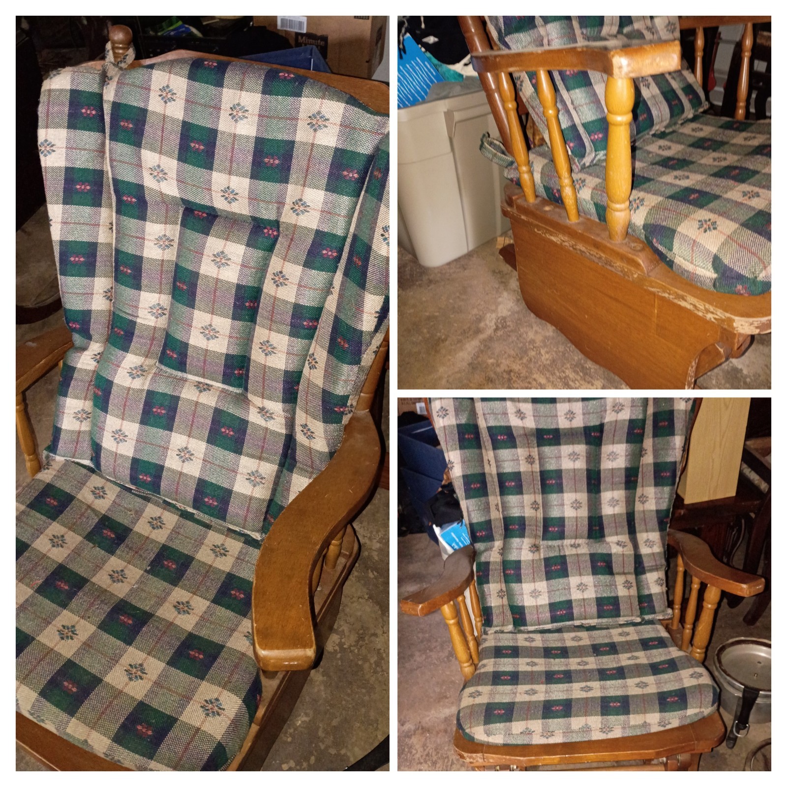 Vintage Green Plaid Cushioned Wooden Glider Rocking Chair