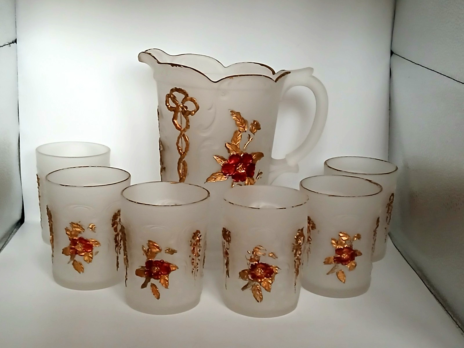 RARE: 1890’s Frosted Sultan “Wild Rose & Bowknot” OMN Pitcher Set by McKee.