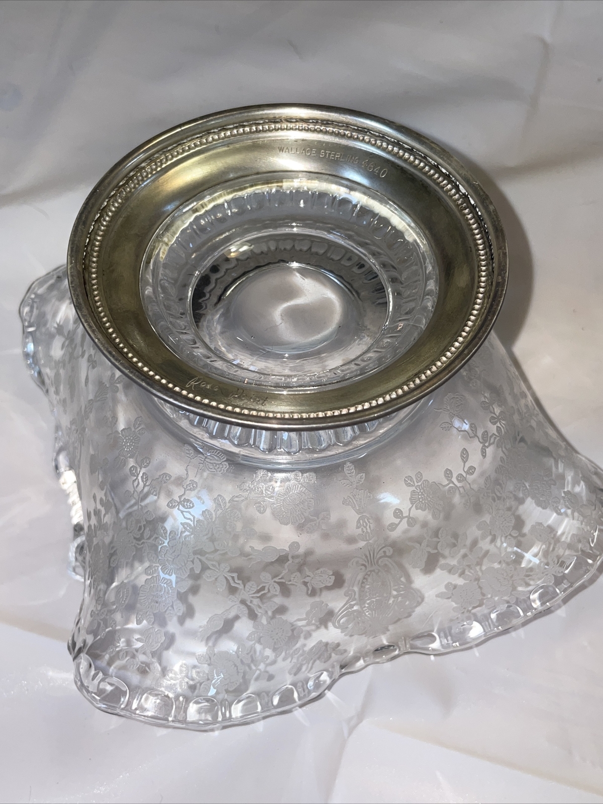 WALLACE STERLING SILVER, CAMBRIDGE CRYSTAL ROSE POINT BOWL, UNDER PLATE