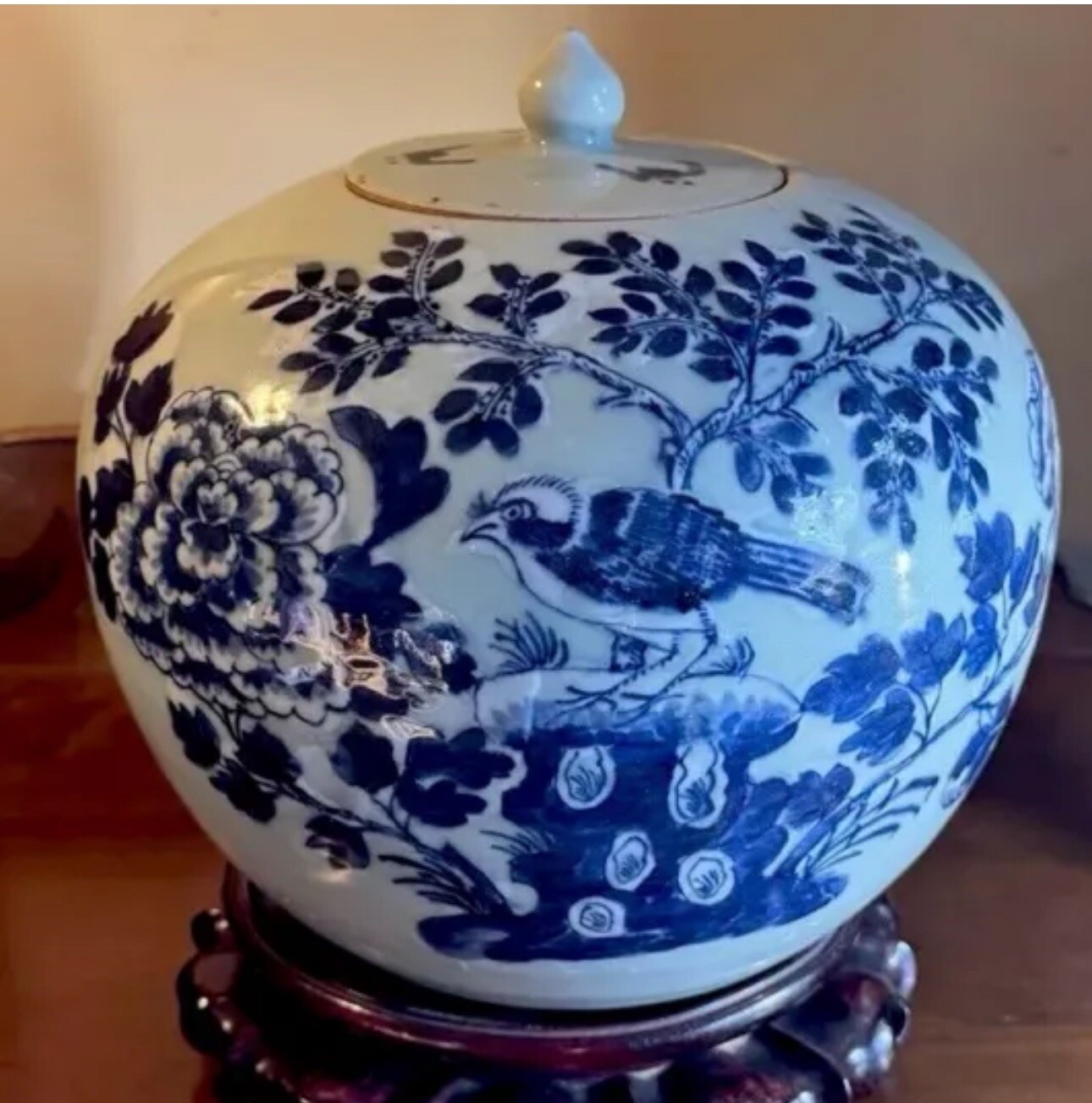 Antique Chinese Blue & White Ginger Jar With Lid Floral /bird motif 8”x9” ,Stand