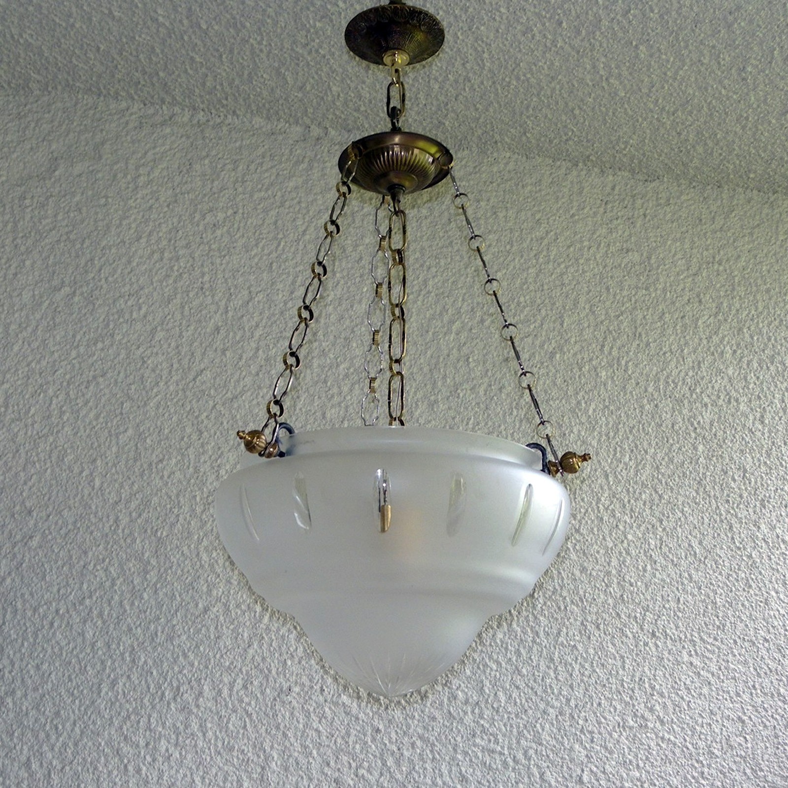 RESTORED VINTAGE GRAVITY HOOK PENDANT LIGHT SATIN GLASS BOWL CHANDELIER