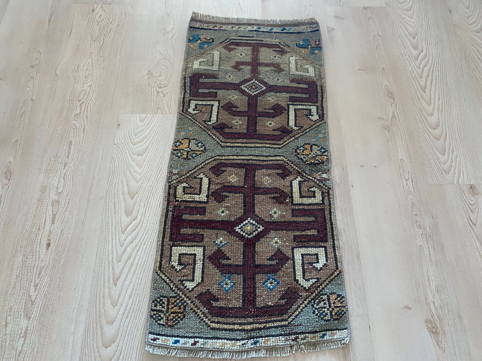 Vintage Turkish Small Rug 1.3×2.9 ft Handwoven Wool Anatolian