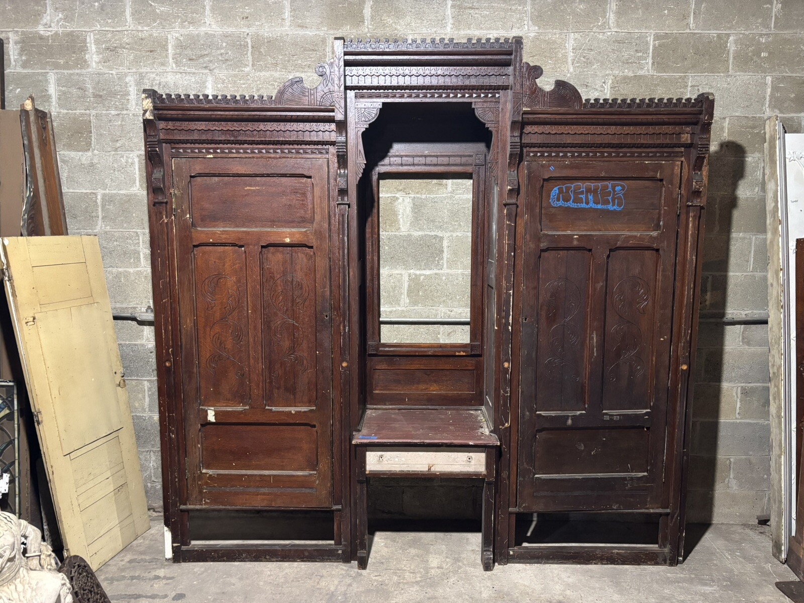 ANTIQUE CARVED 1/4 SAWN OAK CLOSET FRONT~ BUILT IN ARMOIRE~ 102 X 98 ~ SALVAGE