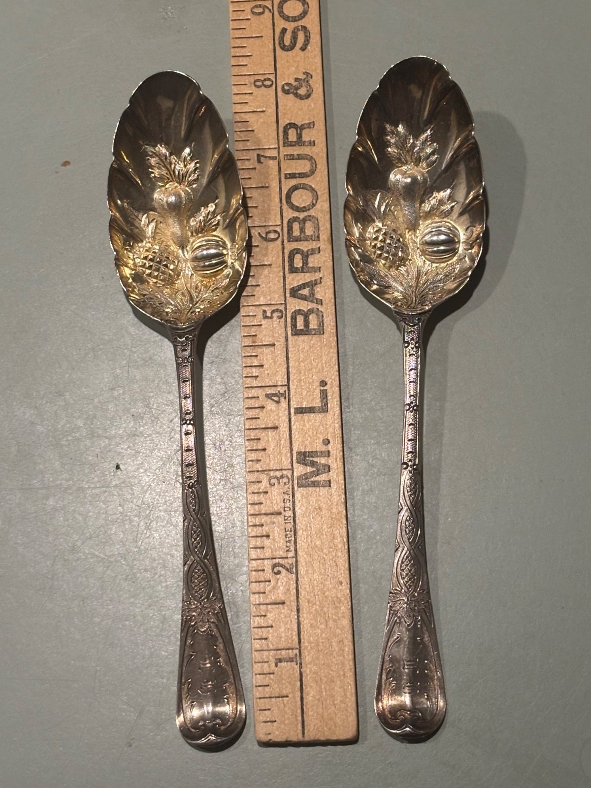 c.1730 George II London English Sterling Silver Berry spoons ornate 7.75”