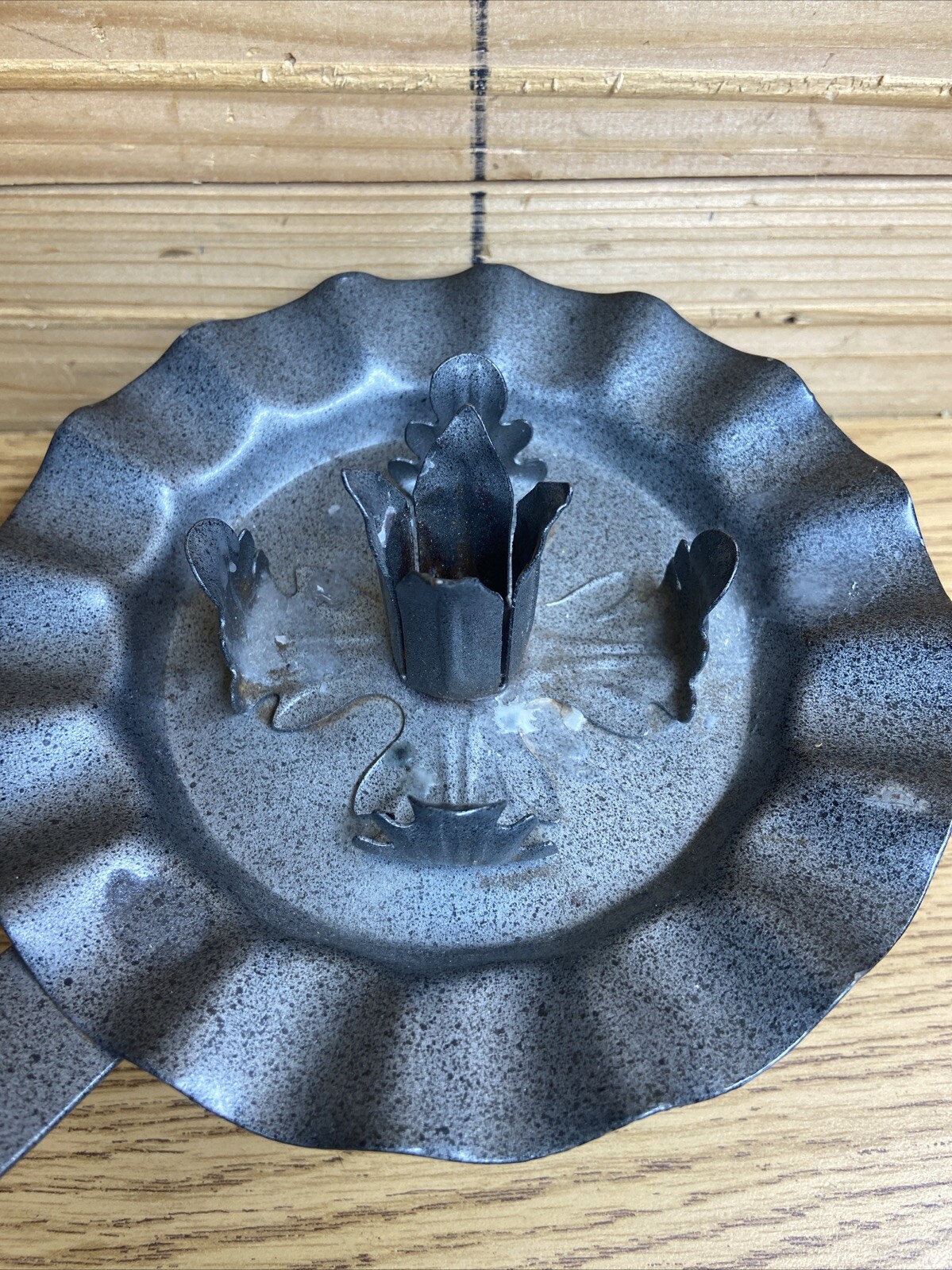 VINTAGE PUNCHED TIN 7″ CANDLE HOLDER W/ FINGER LOOP & STAR PATTERN