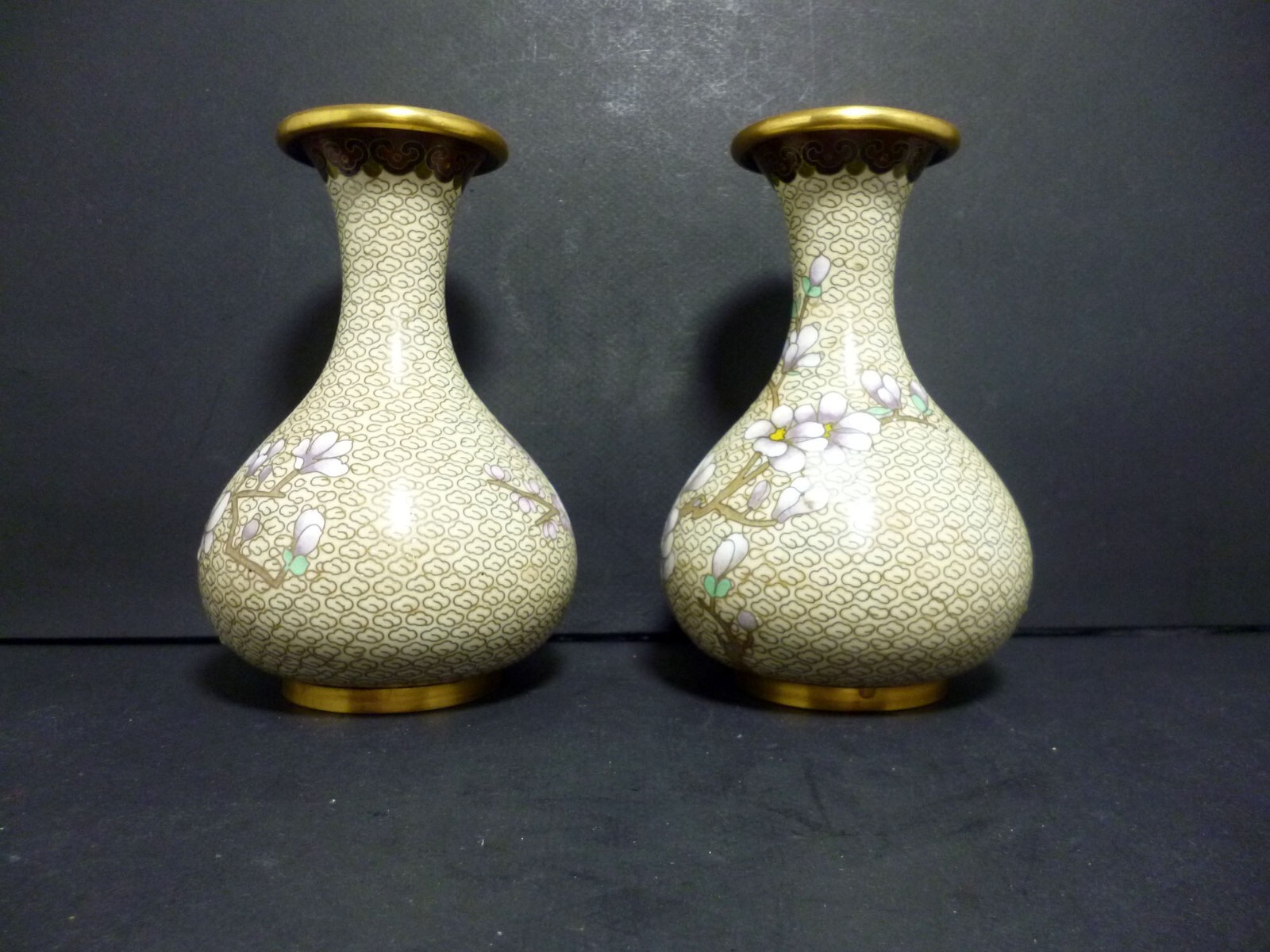 Pair of Chinese Export Cloisonne Plum Bossm 6″ H & 2 LBS Vases Perfect 3164