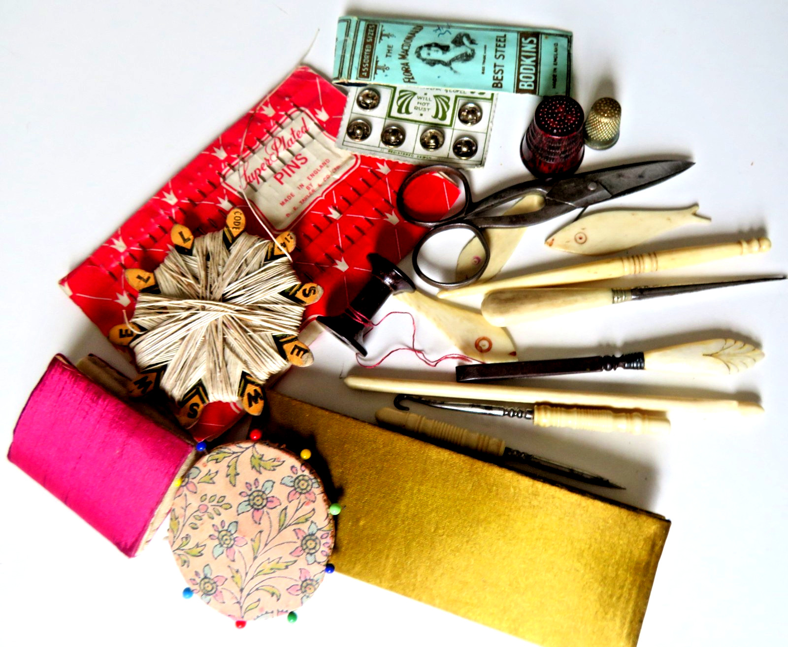 ANTIQUE MIXED LOT OF SEWING TOOLS,2 SATIN NEEDLE BOOKS ETC,,