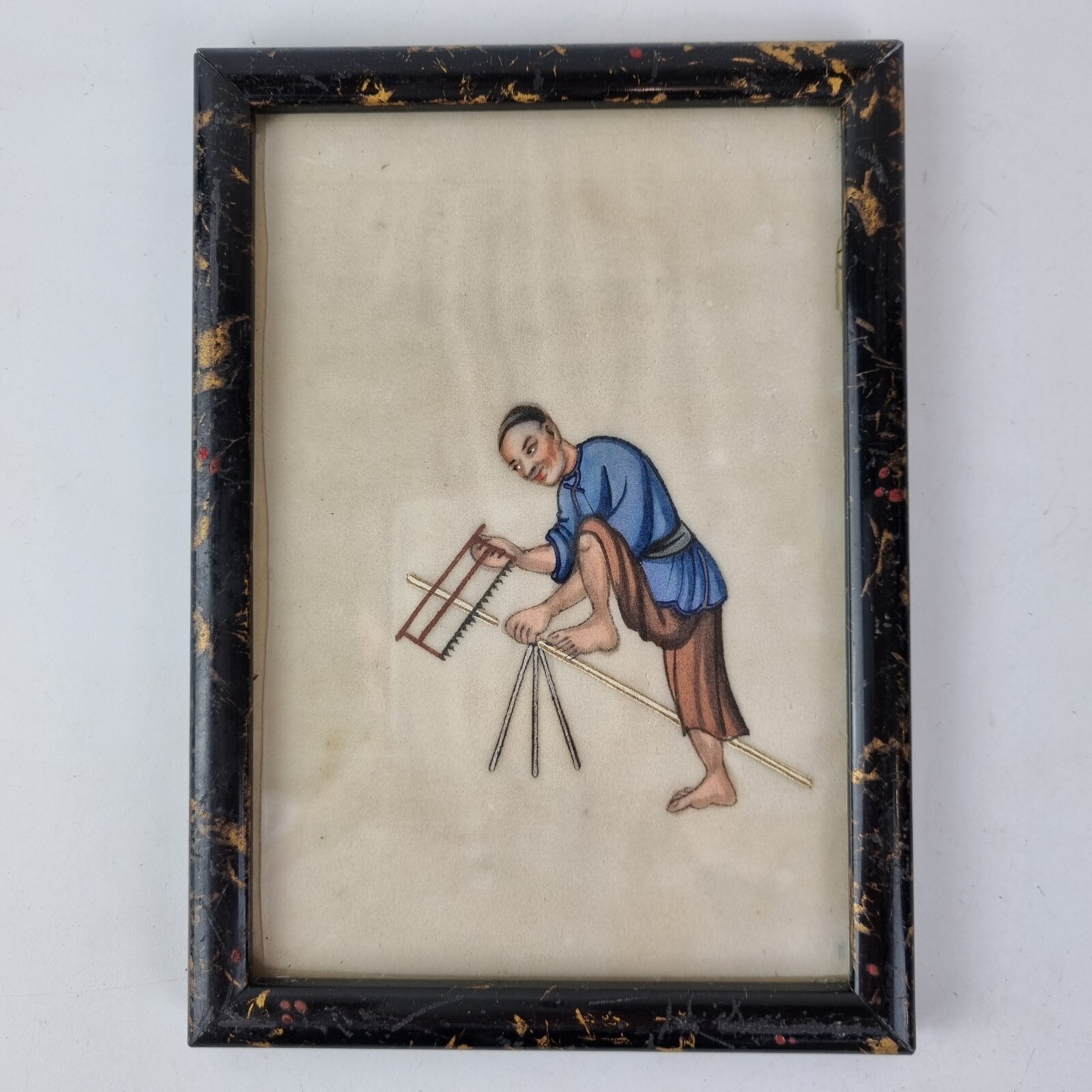 Antique Chinese Rice Pith Paper Painting Man Sawing Wood