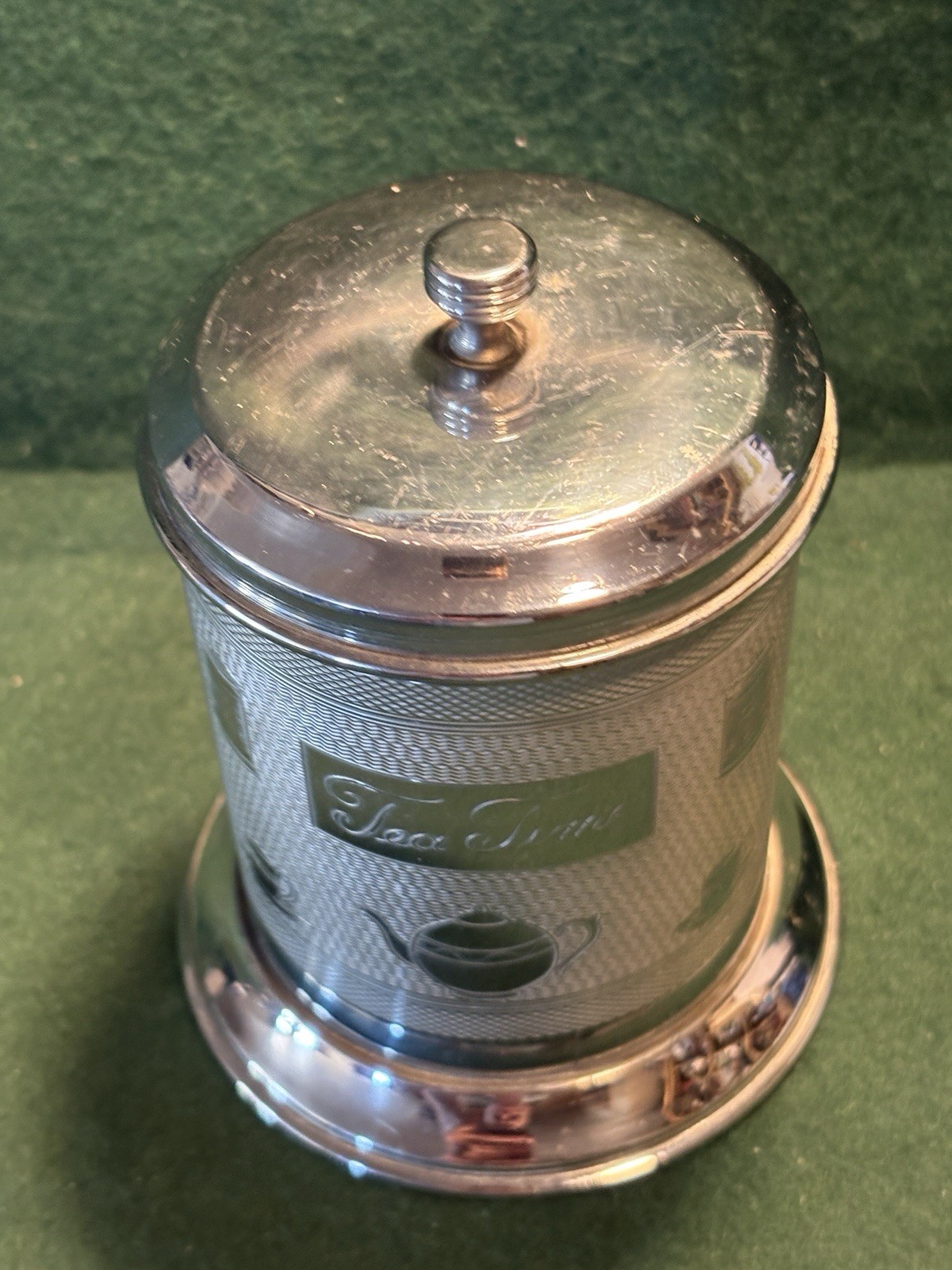 Vintage Tea Time Tea Caddy Chrome Plated & Engraved 4-1/2″ Tall