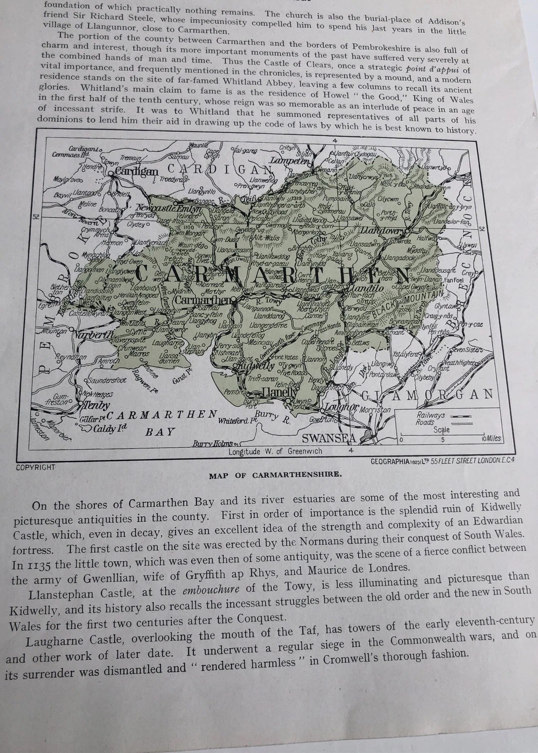 1923: Map Carmarthenshire County Castle Ruins Newcastle Emlyn Carmarthen A