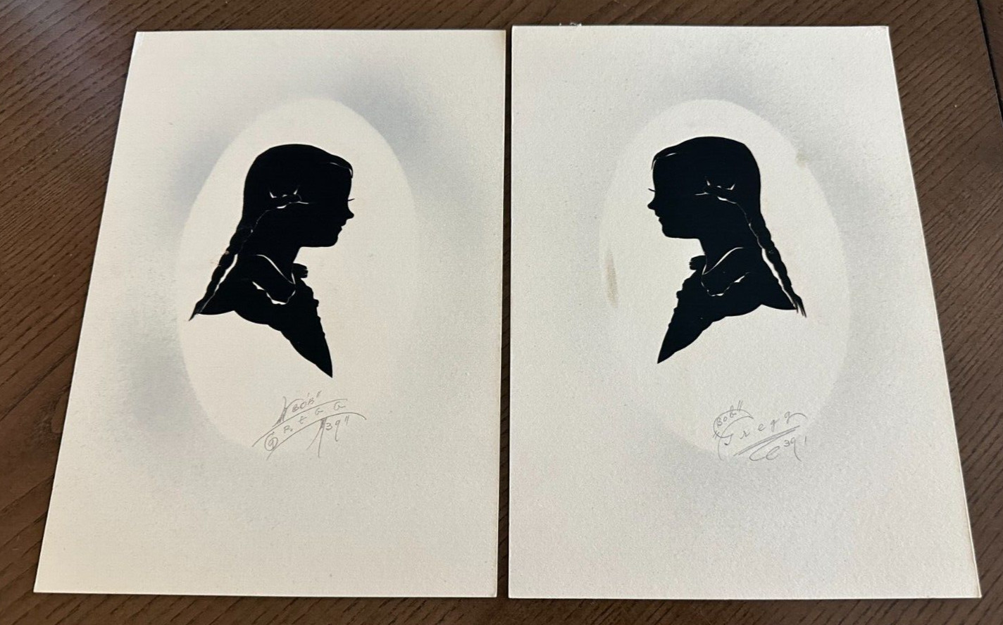 Pair Antique Folk Art Hand Made Silhouettes of Children Signed Gregg