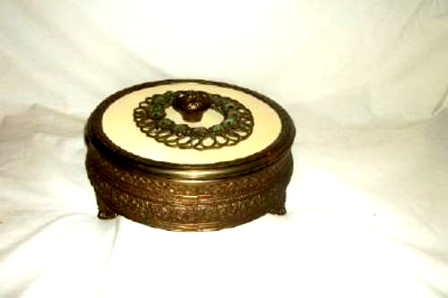 Cottagecore 1920s Bronze Jeweled Vanity Dish Celluloid Divided Glass Antique