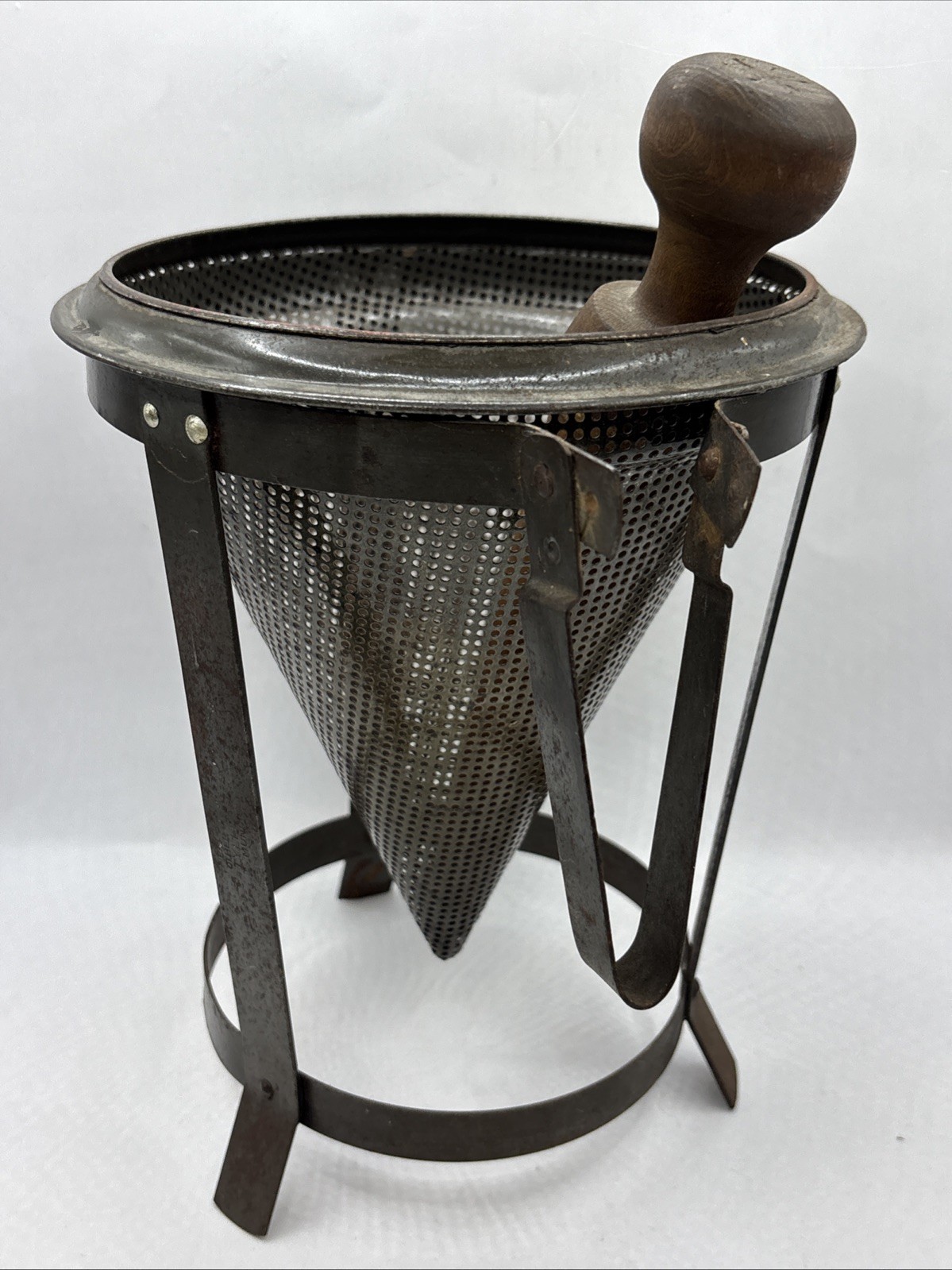VTG Cone Strainer Colander Sieve Stand Metal Wood Pestle Farmhouse Rustic