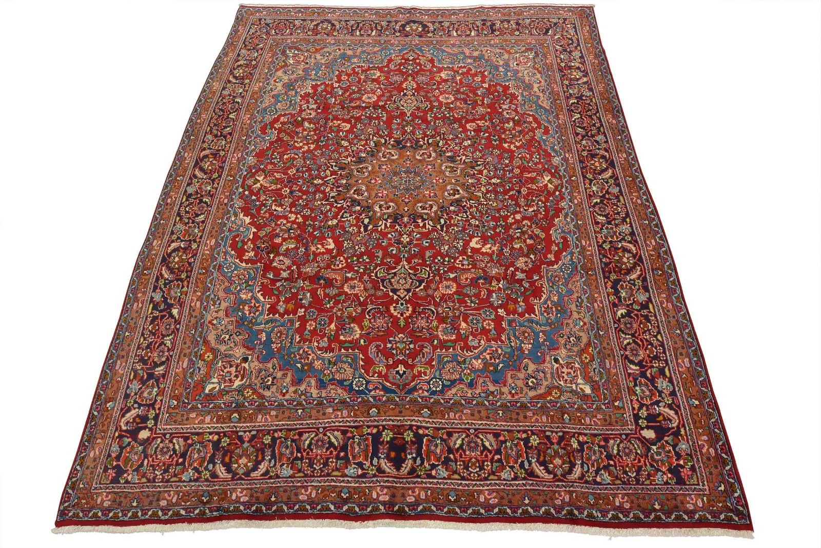 Mashadi Rug 9’7” x 12’3” Red Wool Vintage Traditional Hand-Knotted Carpet