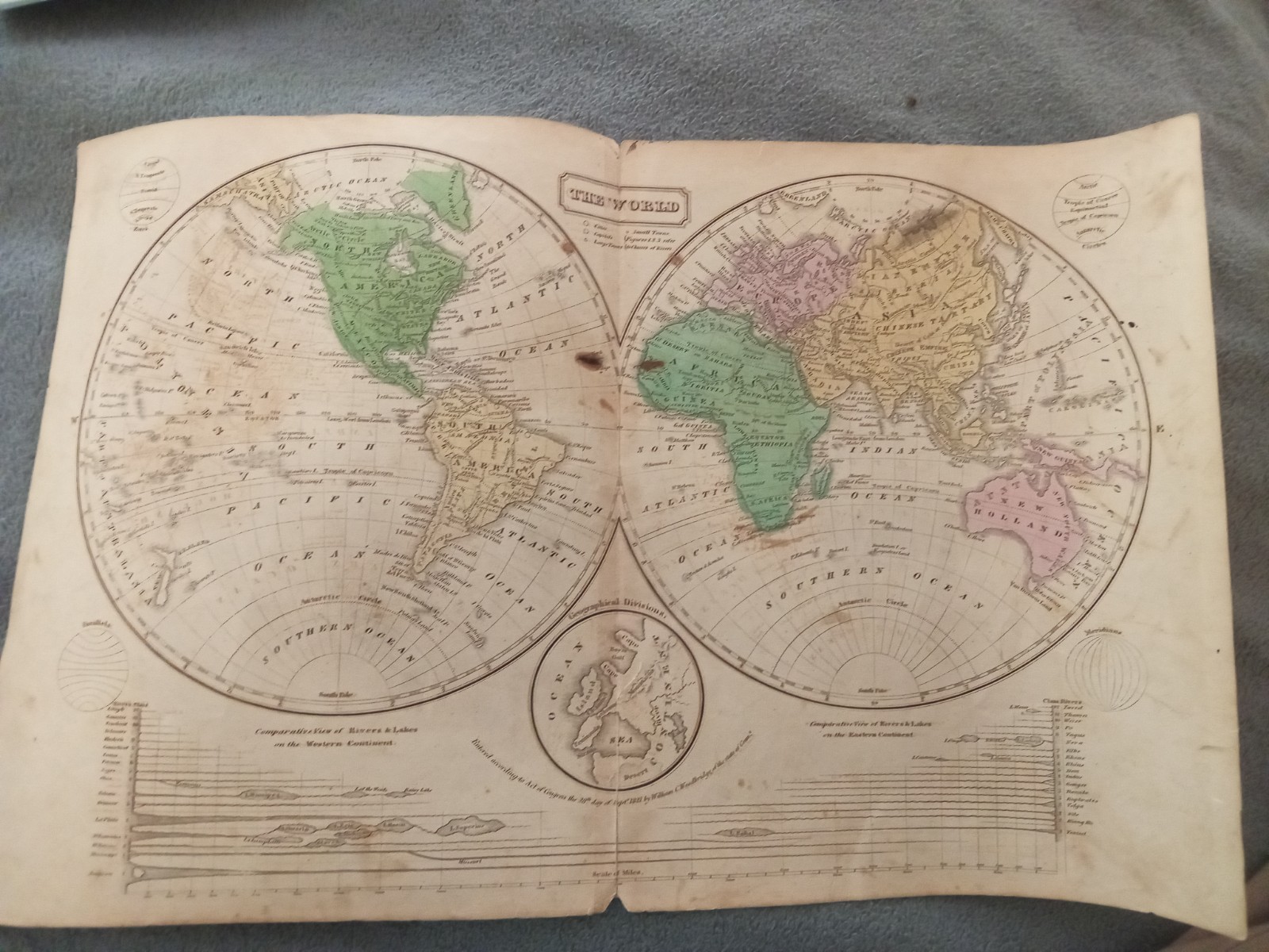 Antique 1821 World Map Double Hemisphere Engraving William C Woodbridge Hand Col