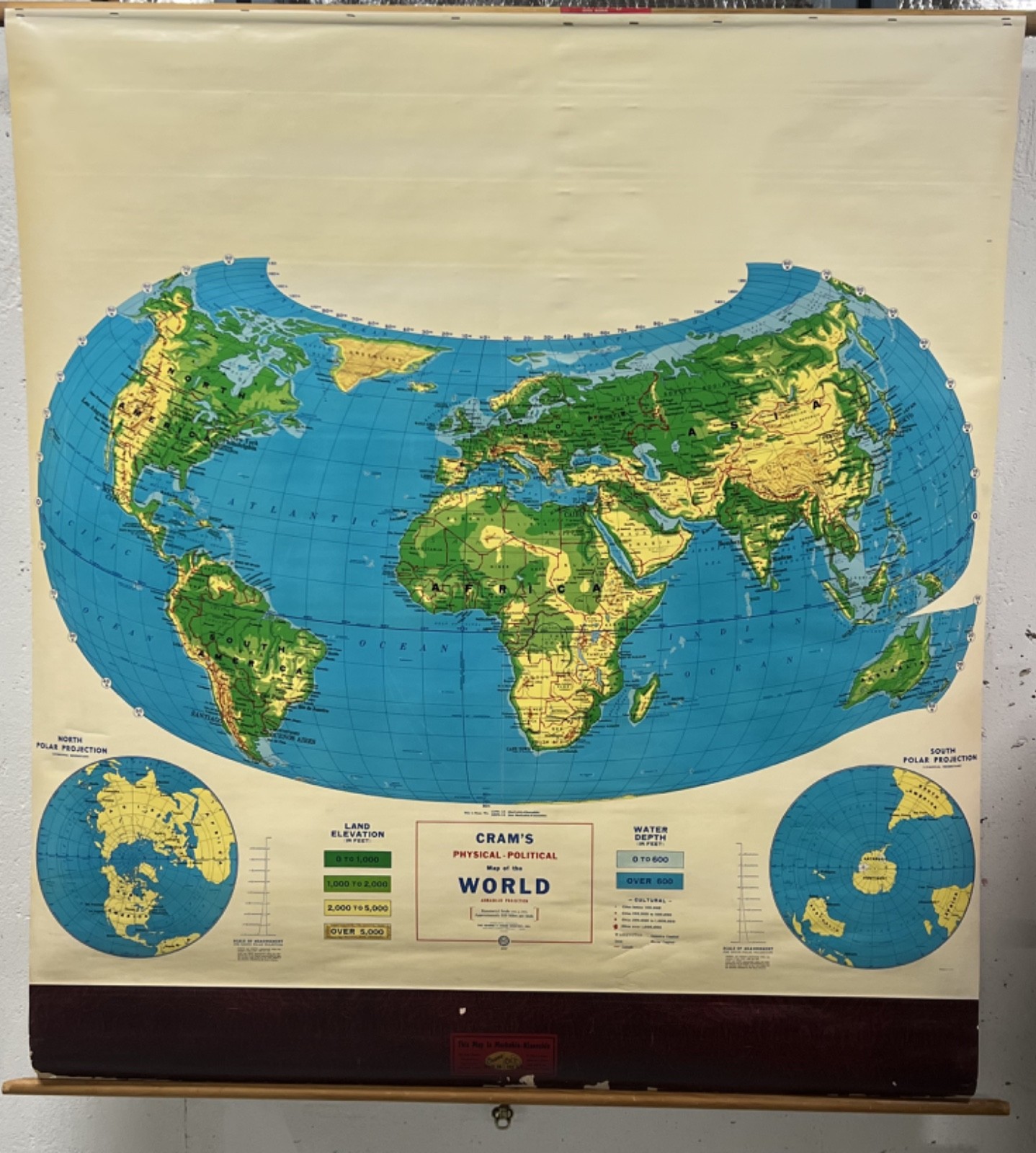 Vintage Crams Physical – Political Map Of The World Large Classroom Wall Map