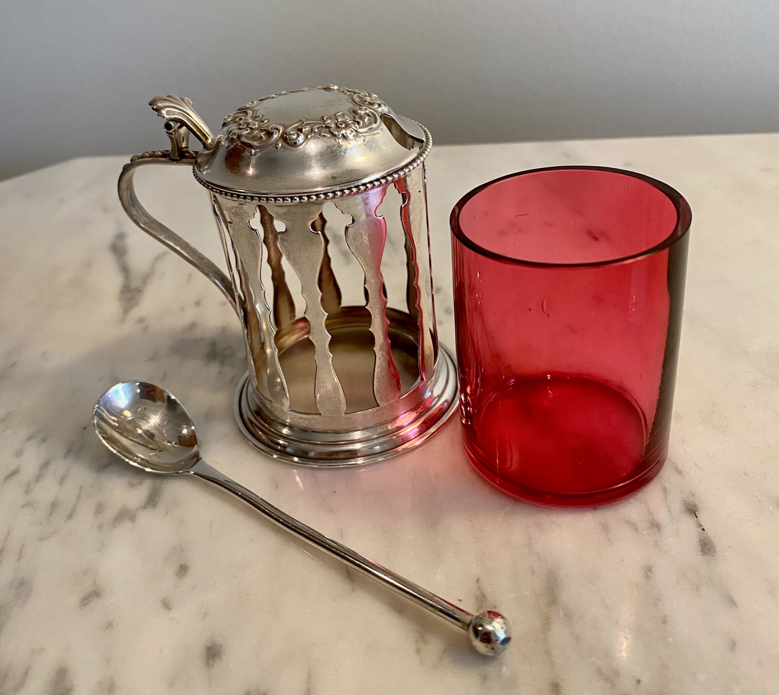 Sterling Silver Victorian Cutwork Mustard Pot Cranberry Liner w/Sterling Spoon