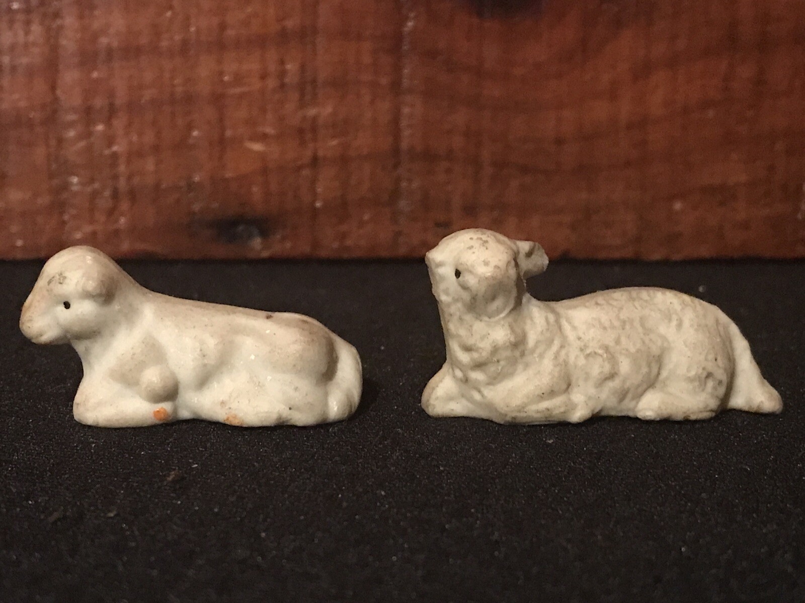 Antique Christmas Chalkware Shepherd & Sheep, Bottlebrush Trees & Toy Block AAFA