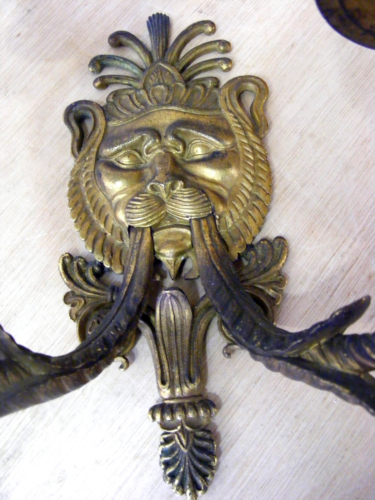 RARE ANTIQUE PAIR SOLID BRASS CANDLE WALL SCONCES-FRENCH-NEO CLASSIC-LIONS HEAD