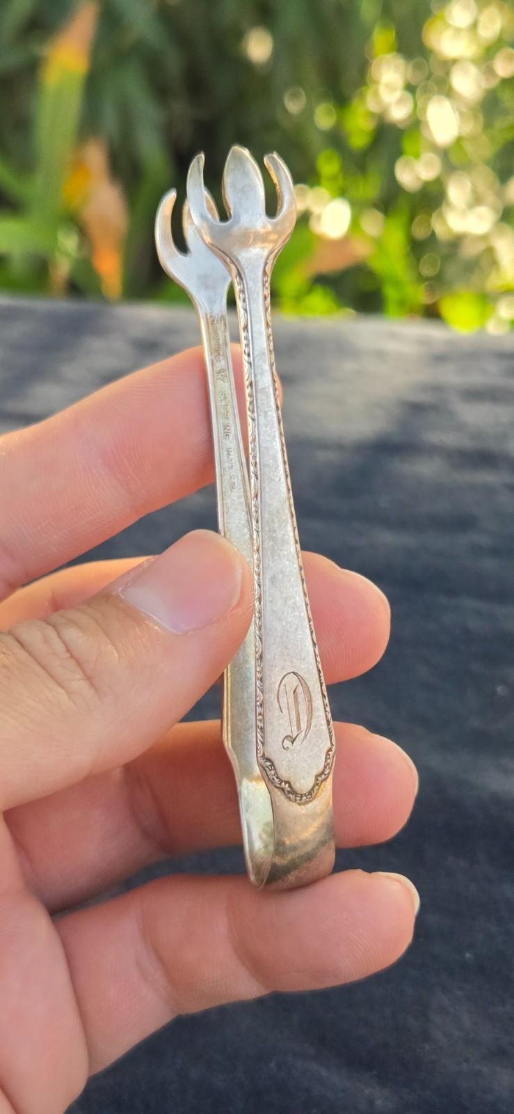 Antique Lunt Treasures Sterling Silver Sugar Ice Cube Tongs 3.5” “D” Monogram