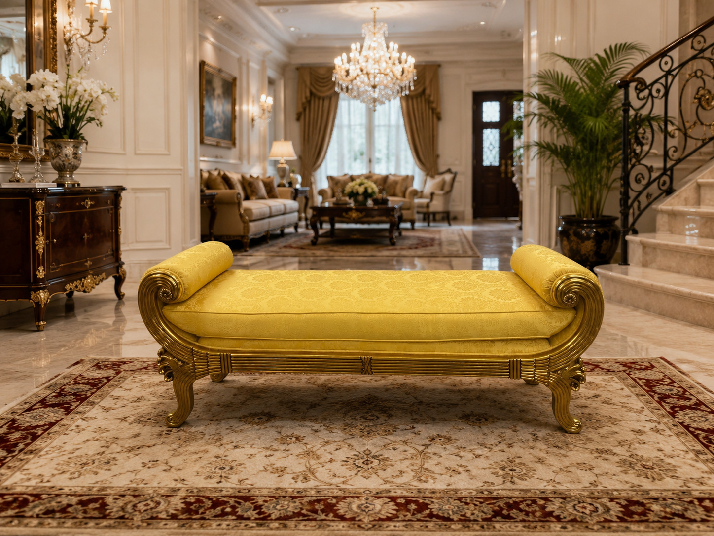 Imperial Gold Regency Chaise Lounge Bench – Hand-Finished Gilded Frame