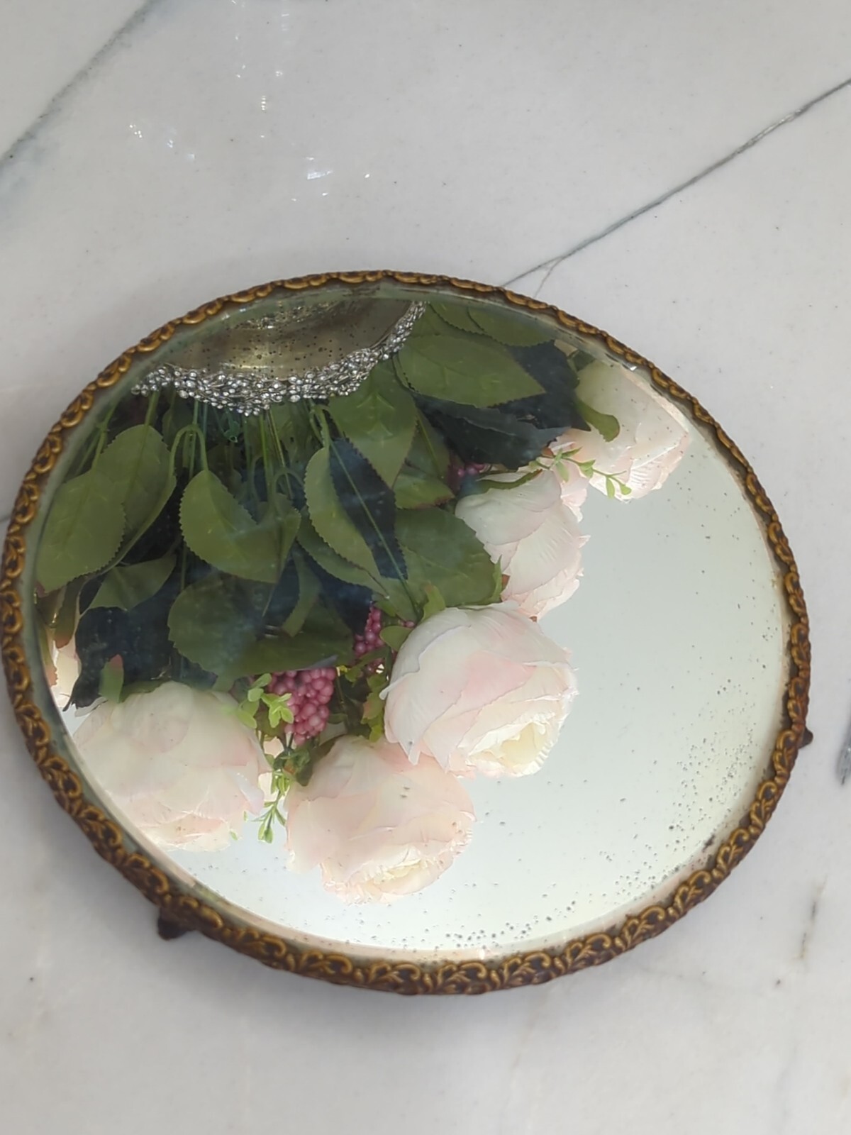 Vtg antique Ornate Footed Plateau Mirror Bevel Vanity Tray Display