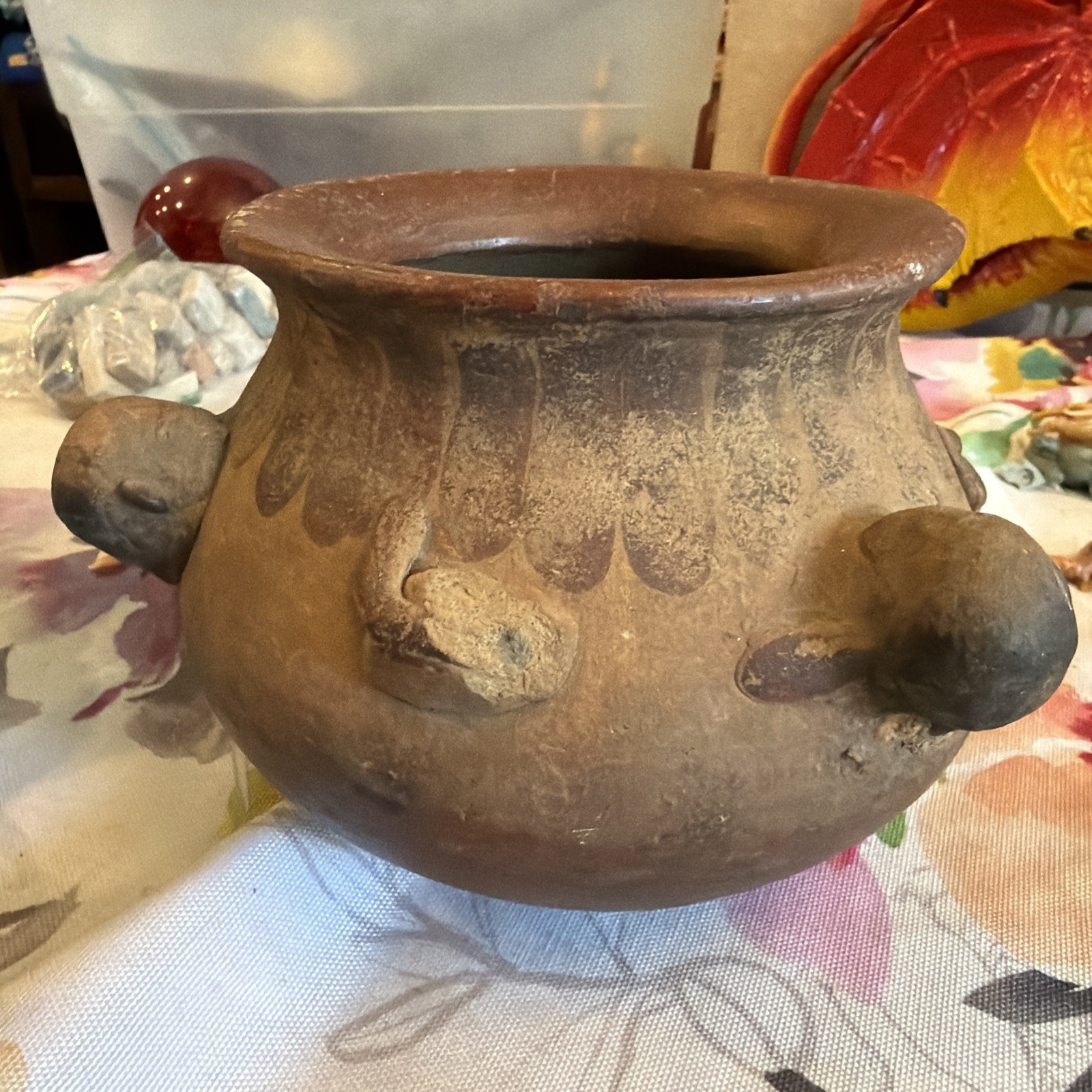 Ancient Pre Columbian Pottery Bowl With Handles Old Painted