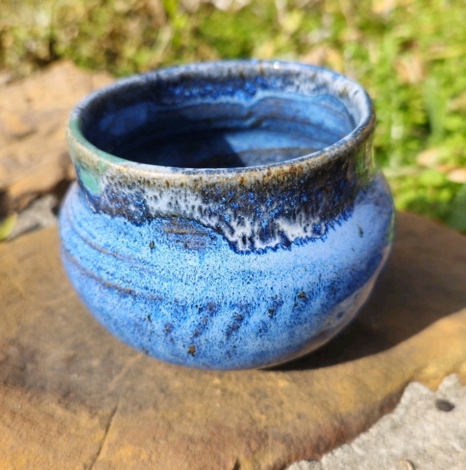 Ocean Blue Surf Tea Bowl Sipper Ceremony Handmade Ceramic Pottery Matcha Footed