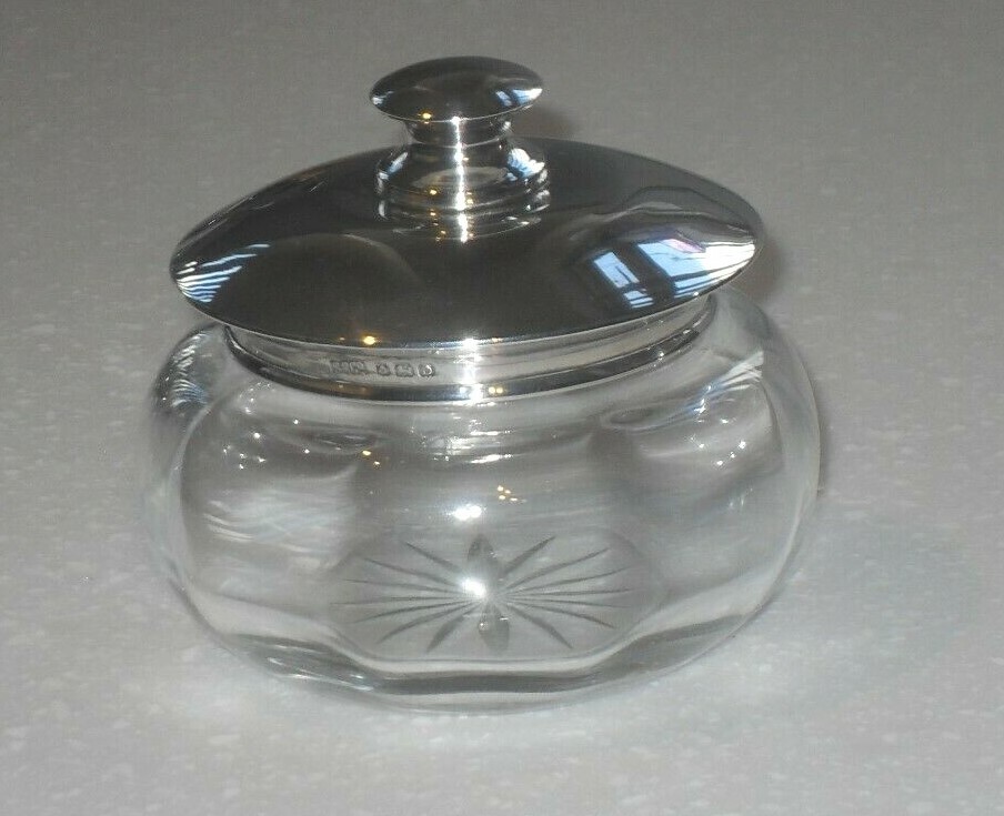 ART DECO 1928 STERLING SILVER & GLASS DRESSING TABLE POWDER TRINKET JAR BOWL